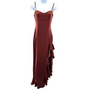 Nookie Sasha Gown Mocha Leg Slit Ruffle‎ Satin Maxi Dress Size XS Formal Glam